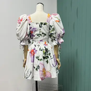 2023 ново мини-рокля с ръкави-мехурчета с френски принтом в ретро стил уестърн с висока талия и отворен гръб