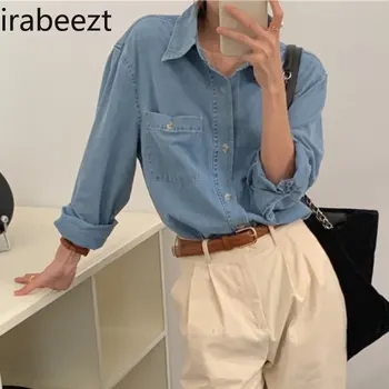 Irabeezt/ дамски пролетни ризи, шикозни и сини обикновена свободни ежедневни реколта блузи, корейската мода деним риза с ревери, дамски дрехи