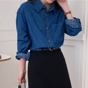 Irabeezt/ дамски пролетни ризи, шикозни и сини обикновена свободни ежедневни реколта блузи, корейската мода деним риза с ревери, дамски дрехи