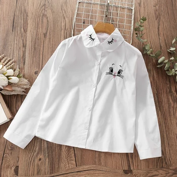 Бяла блуза за момичета, памучен училищна блуза с бродерия котка от картун за момичета, Ризи с дълъг ръкав за момичета, пролетно-есенен детски дрехи