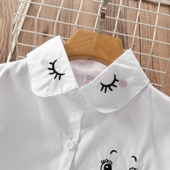 Бяла блуза за момичета, памучен училищна блуза с бродерия котка от картун за момичета, Ризи с дълъг ръкав за момичета, пролетно-есенен детски дрехи