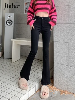 Дамски дънки Jielur черен цвят, есенни корейски с нови модни дамски панталони с висока талия, улични дамски дънки S-XL