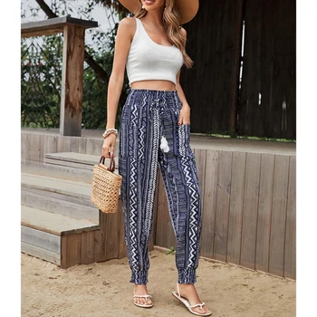 Дамски летни панталони-молив с модел от плат с висока талия, панталони свободно намаляване с принтом Csual, панталони Coloe за всекидневна употреба
