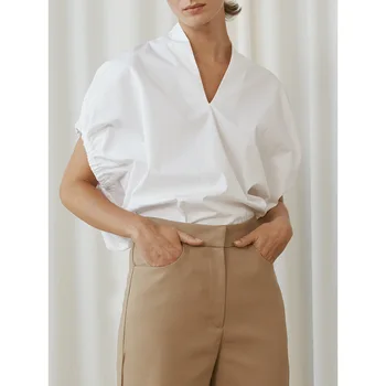 Дамски офис облекло с V-образно деколте, блуза, пролет-лято, два цвята, ластични маншети, буйни ръкав, дамски проста риза и блузи