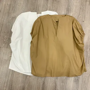 Дамски офис облекло с V-образно деколте, блуза, пролет-лято, два цвята, ластични маншети, буйни ръкав, дамски проста риза и блузи