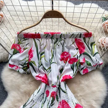 Дамско Елегантно винтажное рокля с флорални принтом 2023, лятна Рокля с къс ръкав и отворени рамене, плажна празнична рокля с накъдрена ластик на талията