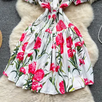 Дамско Елегантно винтажное рокля с флорални принтом 2023, лятна Рокля с къс ръкав и отворени рамене, плажна празнична рокля с накъдрена ластик на талията