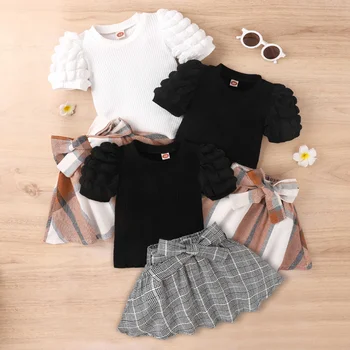 Детски корейски топ с ръкави-мехурчета, пола в клетка с лък за малки и средни деца, комплект дрехи за момичета в стил колеж, облекло за момичета