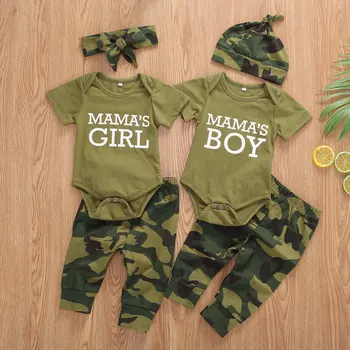Дрехи За бебета, момичета и момчета, в началото на с надписи на мама, тениска с принтом, камуфляжные панталони + шапки, Комплект дрехи за плъзгачи