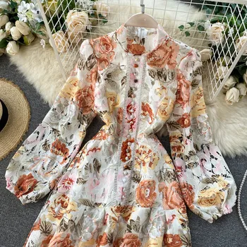 Есента модно подиумное рокля с дълъг ръкав, яка Жена-часова, Многоцветен цветен принт, Винтажное елегантна рокля 2023, vestido de mujer
