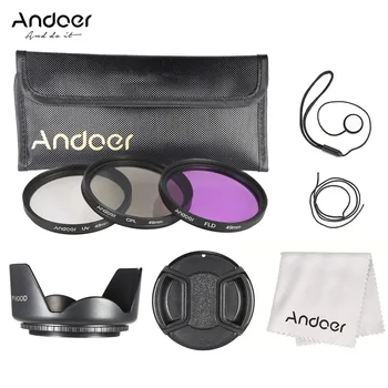 Комплект филтри за обектива на камерата Andoer 49 мм (UV + CPL + FLD) + Държач на капачката на обектива + сенник за обектив обектив + Найлонова чанта за носене + Капак на обектива + кърпичка за почистване на обектива