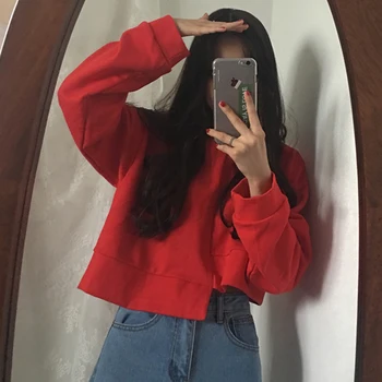 Корейски шик есен нова пристигане жени hoody мода нередовни къси червени реколта пуловер пуловер жени са изложени на пъпа при жените