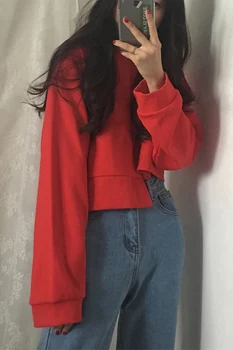 Корейски шик есен нова пристигане жени hoody мода нередовни къси червени реколта пуловер пуловер жени са изложени на пъпа при жените