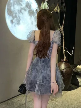 Лятна рокля с дантелено принтом в стил бохо, женски шифоновое мини-облечи Kawaii за партита, женски ежедневното сексуално корейското модно сладко елегантна Рокля 2023