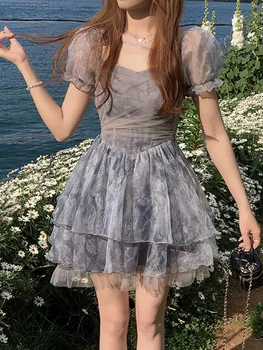 Лятна рокля с дантелено принтом в стил бохо, женски шифоновое мини-облечи Kawaii за партита, женски ежедневното сексуално корейското модно сладко елегантна Рокля 2023