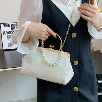 Модерна дамска чанта през рамо с пайети, чанти с перлената на веригата, маркови дизайнерски дамски чанти през рамо, благородна лятна дамска чанта за вечеря