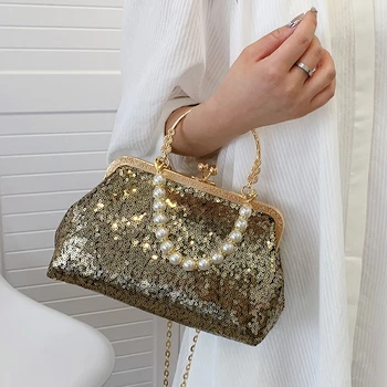 Модерна дамска чанта през рамо с пайети, чанти с перлената на веригата, маркови дизайнерски дамски чанти през рамо, благородна лятна дамска чанта за вечеря