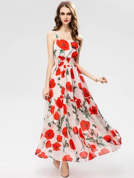 Модно рокля MoaaYina, дизайнерско лятото женствена рокля на спагети презрамки, с флорални принтом и еластична гумена лента за кръста, ежедневни рокли за почивка