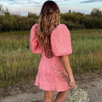 Розова рокля в стил бохо за жени с пищни ръкави и регулируем вратовръзка отзад, секси вечерна рокля, пролетно-лятна рокля 2021, ново женствена рокля