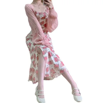 Сладко момиче, сладко розово шифоновое дълга рокля с флорални принтом, рокля на подтяжках, секси ретро рокля с риба опашка, рокли за абитуриентски бал