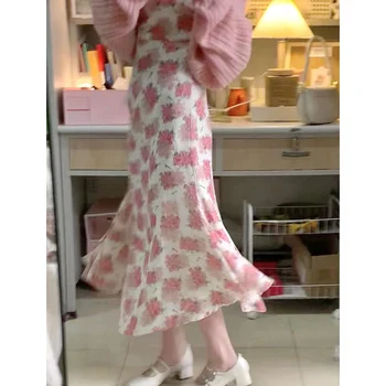 Сладко момиче, сладко розово шифоновое дълга рокля с флорални принтом, рокля на подтяжках, секси ретро рокля с риба опашка, рокли за абитуриентски бал
