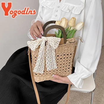 Сламена чанта Yogodlns, дамска чанта ръчна изработка, малка квадратна чанта, завързана лък, обемът от ратан, ежедневни плажна чанта през рамо