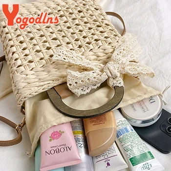 Сламена чанта Yogodlns, дамска чанта ръчна изработка, малка квадратна чанта, завързана лък, обемът от ратан, ежедневни плажна чанта през рамо