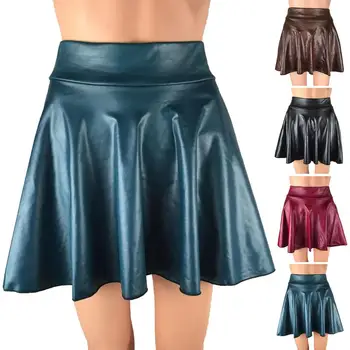 Стилна лятна пола, клубна мини-пола, от изкуствена кожа, однотонная плиссированная лятна пола