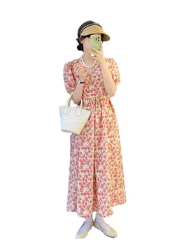 Френски Почивка за чай Лек стил, дълга рокля с талия, Новост 2023, пролетта рокля, розова рокля с фрагменти, лятна рокля Фея