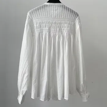 23 Пролетно Ежедневни Ризата е от чист Памук, с Елегантна Бяла Однобортная Блуза с дълъг ръкав и яка-часова в гънките, Дамски Модни блузи за Подиум