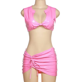 ANJAMANOR Розова рокля от Изкуствена кожа, Комплект Baddie, Моля, Секси комплект от 2 теми, мини-пола и Топ 2023, Модерен Женски Тенденция, D87-CI21