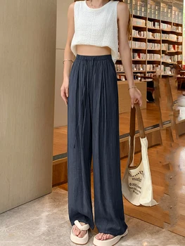 Висококачествени широки панталони от ледената коприна, за жени, летни тънки прави панталони в лениво стил 2023, стръмни широки панталони в ивицата оверсайз