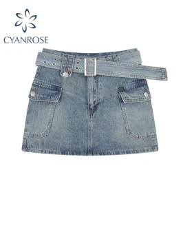 Дамски годишният син деним пола-карго Y2k, модни елегантна пола с висока талия в стил харадзюку, реколта мини-пола трапецовидна форма, с джобове и колан