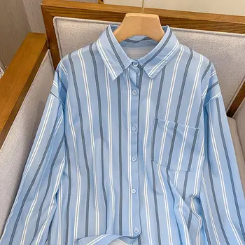 Дамски ризи с дълъг ръкав DAYIFUN, широки ризи в синята ивица с една буква от азбуката принтом, шик корейски ежедневни реколта върховете на копчета, женски