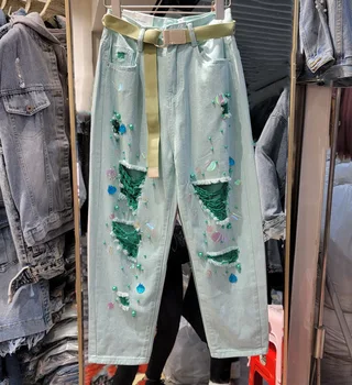 Дамски Свободни джинси с дупки, женски перлени дънки с висока талия, Женски зелени Новите Модни скъсани дънкови панталони-зреещи
